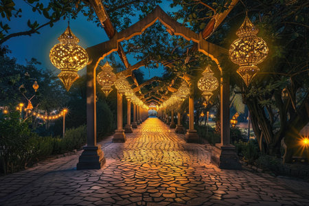 A pathway lined with glowing Ramadan lanterns under the night skyの素材