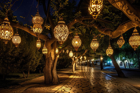 A pathway lined with glowing Ramadan lanterns under the night skyの素材
