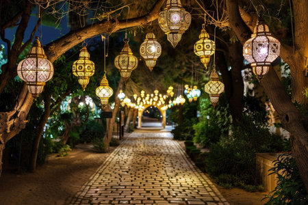 A pathway lined with glowing Ramadan lanterns under the night skyの素材
