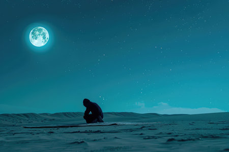 A lone figure in prayer beneath the moonlit Ramadan skyの素材