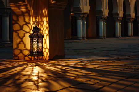 A lantern casting shadows in a mosque's courtyard during Ramadanの素材