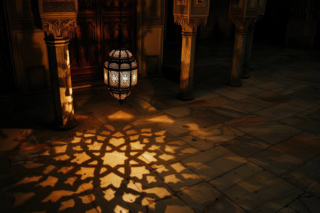 A lantern casting shadows in a mosque's courtyard during Ramadanの素材