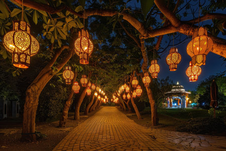 A pathway lined with glowing Ramadan lanterns under the night skyの素材