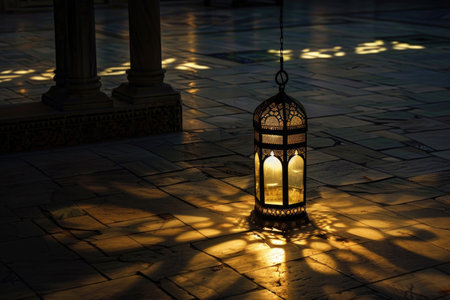 A lantern casting shadows in a mosque's courtyard during Ramadanの素材