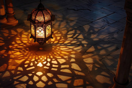 A lantern casting shadows in a mosque's courtyard during Ramadanの素材