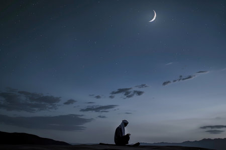 A lone figure in prayer beneath the moonlit Ramadan skyの素材