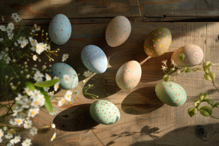 Hand-painted pastel Easter eggs on a sunlit wooden tableの素材