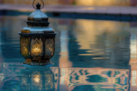 An old lantern reflects on a tranquil pool during a peaceful Ramadan eveningの素材