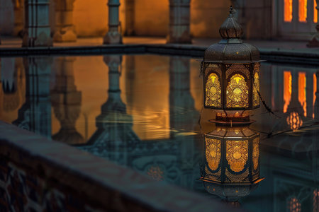 An old lantern reflects on a tranquil pool during a peaceful Ramadan eveningの素材