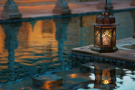 An old lantern reflects on a tranquil pool during a peaceful Ramadan eveningの素材