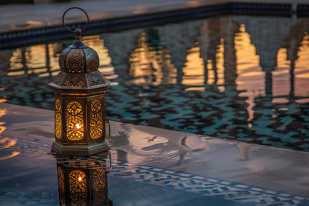 An old lantern reflects on a tranquil pool during a peaceful Ramadan eveningの素材