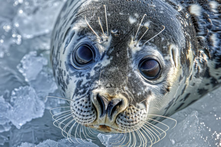 A serene seal rests on ice, its gaze calm and knowingの素材