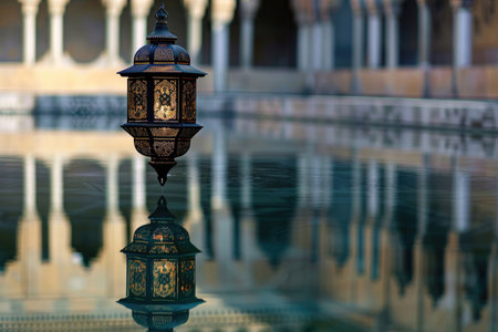 An old lantern reflects on a tranquil pool during a peaceful Ramadan eveningの素材