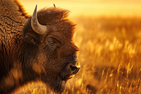 A close-up portrait of a majestic bison in the golden steppeの素材