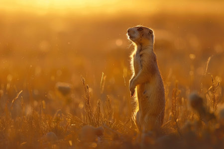 A vigilant prairie dog stands guard at sunsetの素材