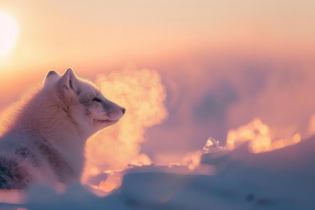 A fox's breath visible in the cold, Arctic dawn lightの素材