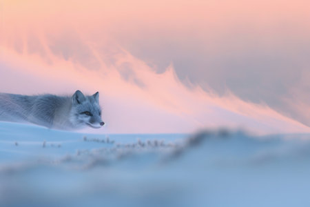 A fox's breath visible in the cold, Arctic dawn lightの素材
