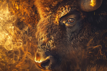 A close-up portrait of a majestic bison in the golden steppeの素材