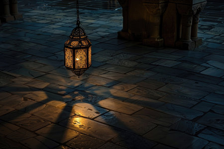 A lantern casting shadows in a mosque's courtyard during Ramadanの素材
