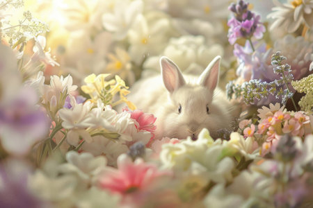 A serene bunny nestled in soft, springtime bloomsの素材