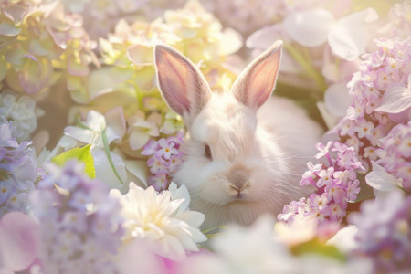 A serene bunny nestled in soft, springtime bloomsの素材