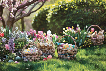 Baskets filled with decorated eggs and spring blooms on grassの素材
