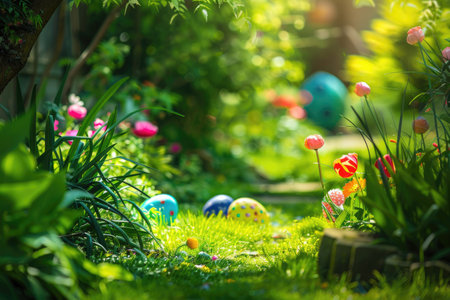 Vibrant Easter eggs hidden in a lush garden at dawnの素材