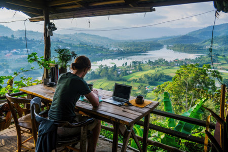 A person working on a laptop in a scenic outdoor cafeの素材