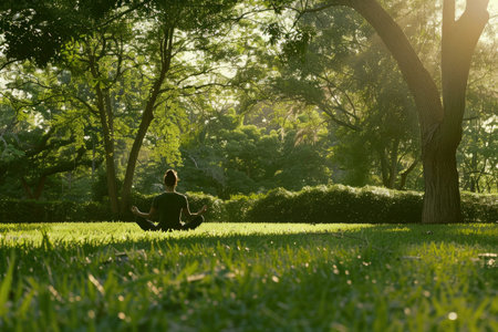 A person meditating with wearable tech in a serene parkの素材