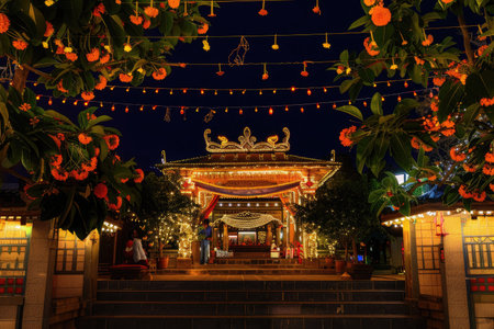 Vibrant Ugadi decorations light up a Hindu templeの素材