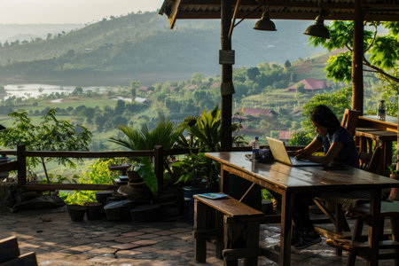 A person working on a laptop in a scenic outdoor cafeの素材