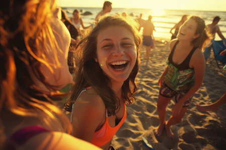 Friends enjoy a vibrant beach party during spring breakの素材