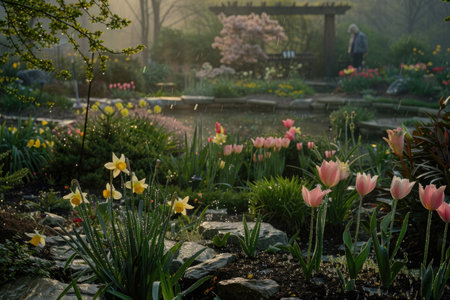 Early morning dew on newly planted flowers in a spring gardenの素材