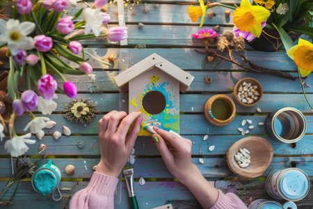 Hands crafting a colorful birdhouse, surrounded by spring flowersの素材