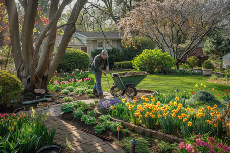 Landscapers transforming a garden into a vibrant spring oasisの素材