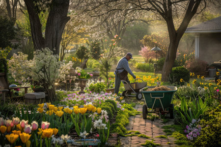 Landscapers transforming a garden into a vibrant spring oasisの素材