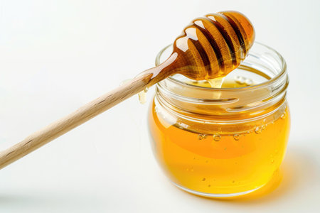 A jar of honey with a dipper, against a white backdropの素材