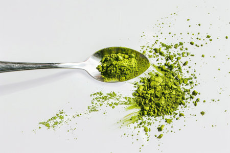 A spoonful of vibrant matcha powder on a white backgroundの素材
