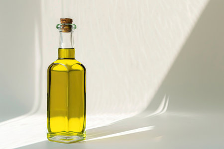 A glass bottle of olive oil, bathed in soft light on whiteの素材