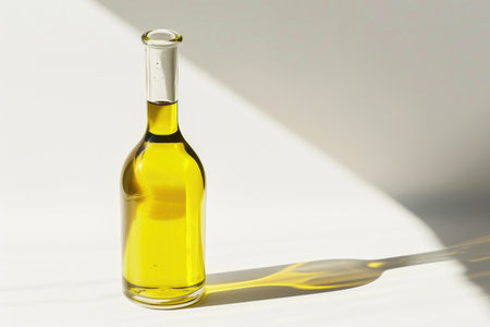 A glass bottle of olive oil, bathed in soft light on whiteの素材