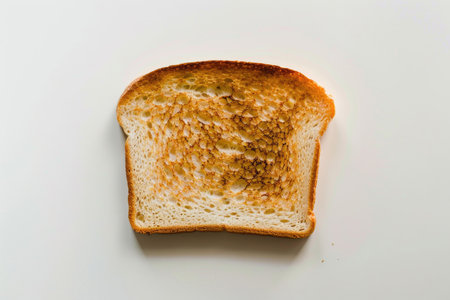 A golden-brown slice of toast on a bright white surfaceの素材