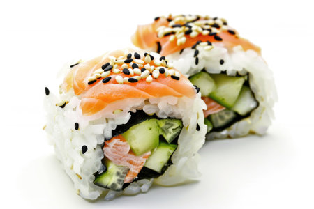 A perfectly crafted sushi roll isolated on a white backgroundの素材
