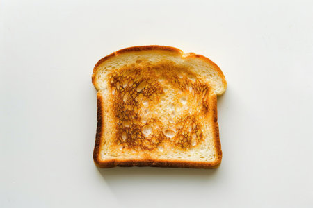 A golden-brown slice of toast on a bright white surfaceの素材