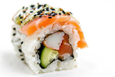A perfectly crafted sushi roll isolated on a white backgroundの素材