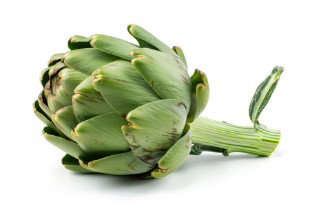 A fresh artichoke with leaves fanned out on a white backgroundの素材