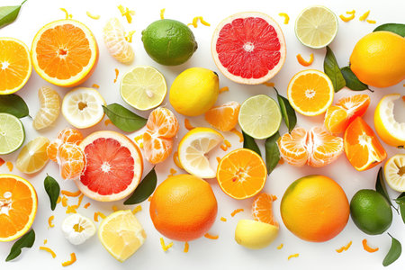 A vibrant assortment of citrus fruits arranged artistically on a pristine white backgroundの素材