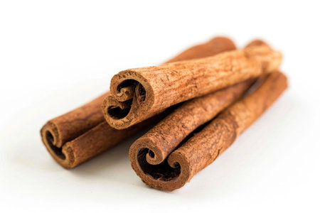 Cinnamon sticks crossed over each other on a white backdropの素材