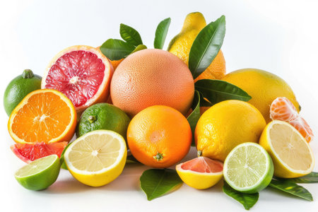 A vibrant assortment of citrus fruits arranged artistically on a pristine white backgroundの素材