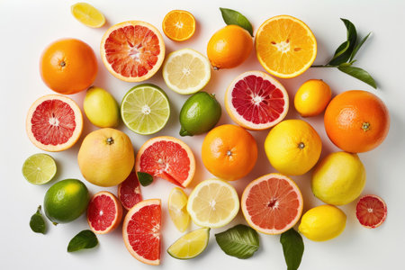 A vibrant assortment of citrus fruits arranged artistically on a pristine white backgroundの素材