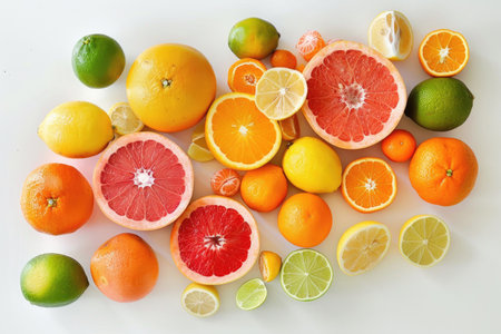 A vibrant assortment of citrus fruits arranged artistically on a pristine white backgroundの素材